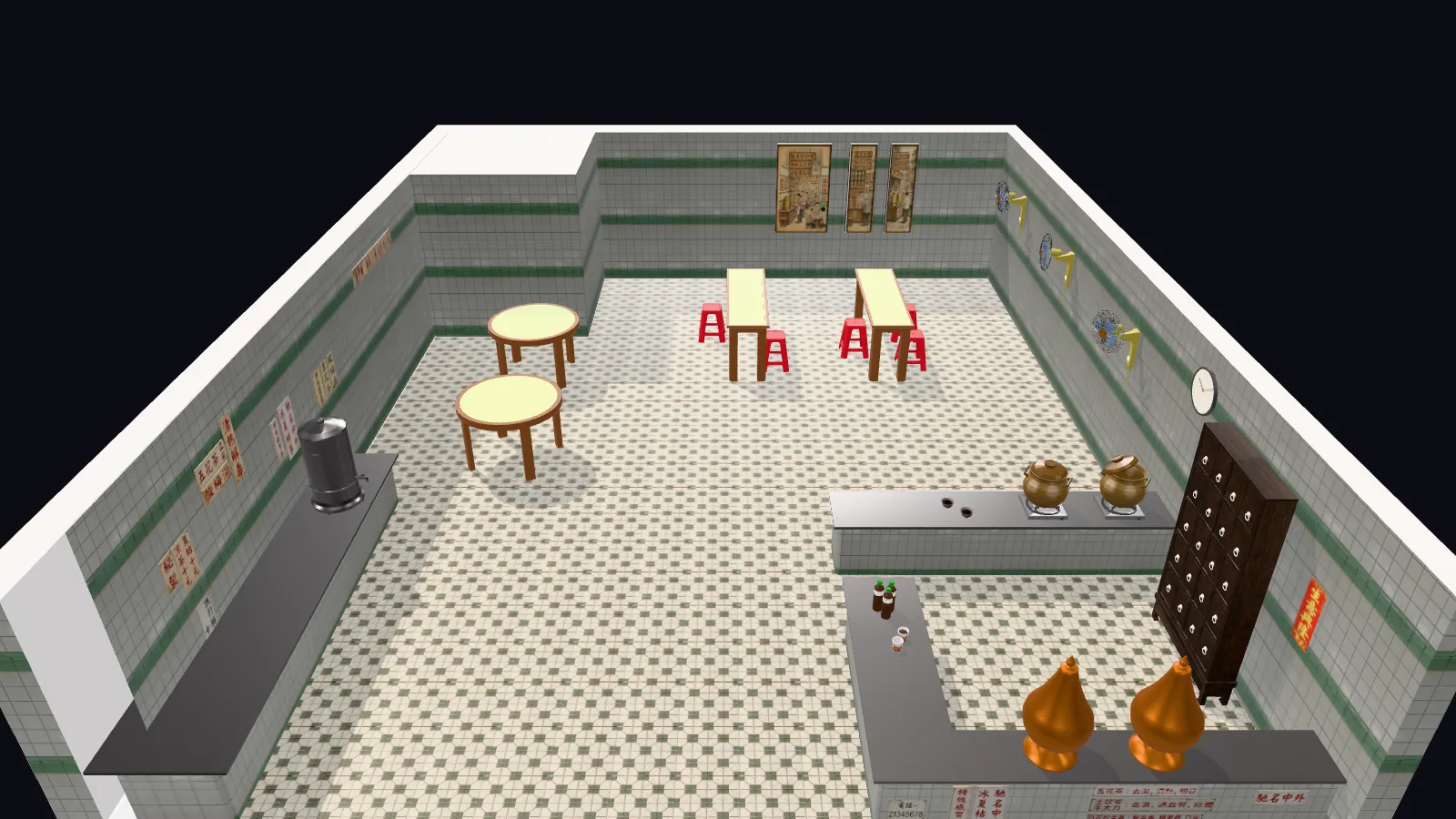 涼茶舖 3D 場景預覽：能俯瞰舖內的裝潢和整體氛圍